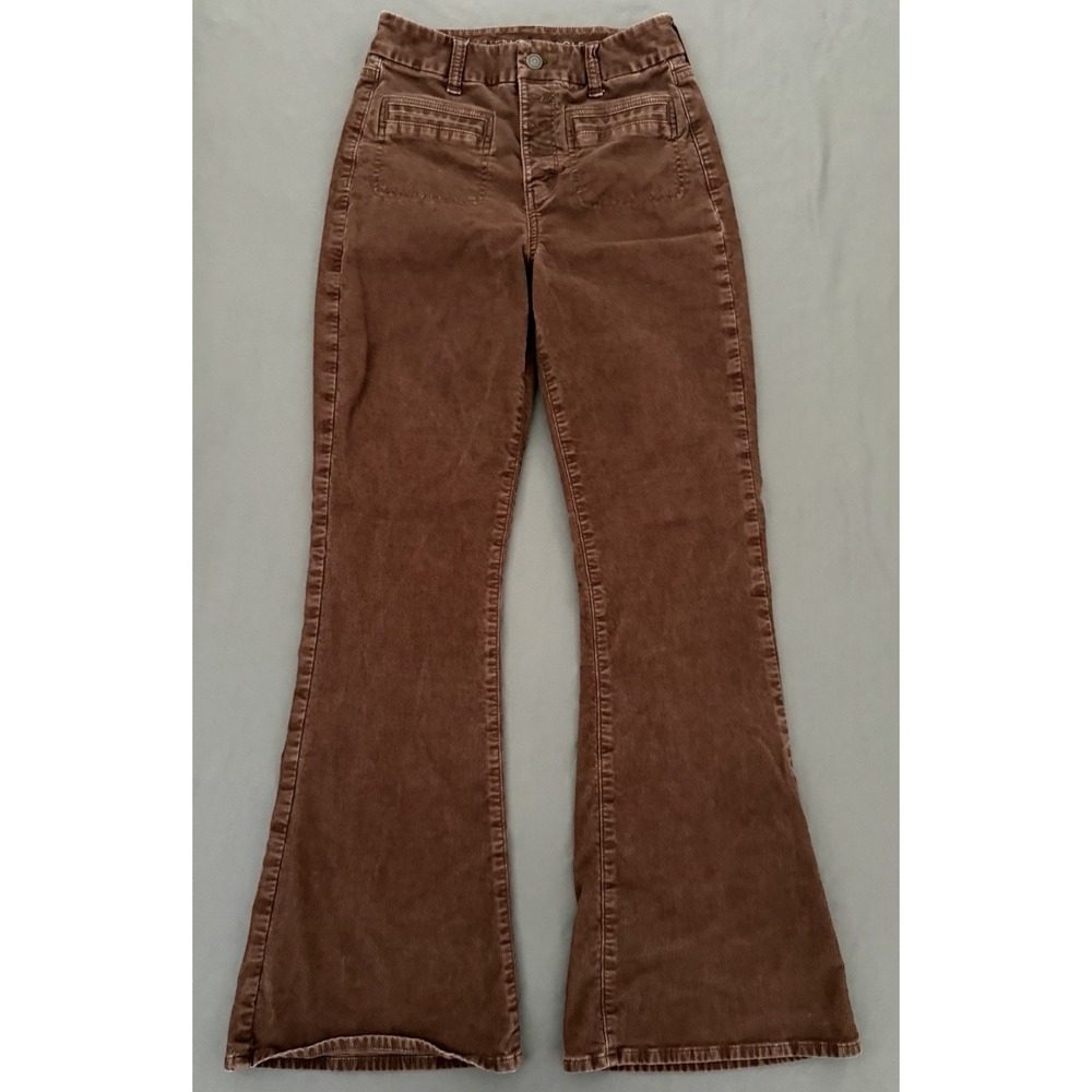 American Eagle Corduroy Pants Womens 4 Brown Super High Rise Flare Button Front